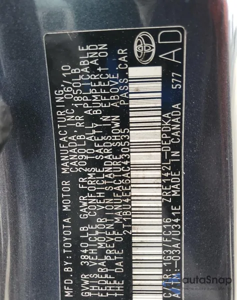 2010 Toyota Corolla Base z USA, uszkodzony, nr VIN 2T1BU4EE6AC430535